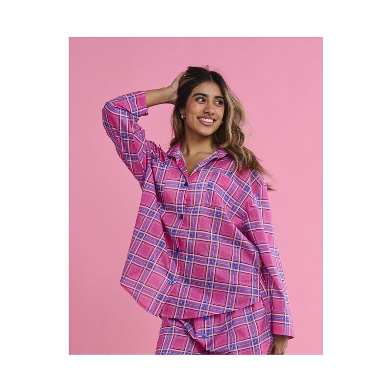 Kip&Co Pinky Tartan Organic Cotton Long Sleeve Shirt & Pant Pyjama Set image number 2